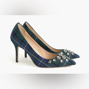 Excellent JCREW Elsie Tartan Plaid heels leather embellishments size 61/2 classy